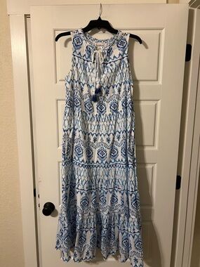 Tommy Bahama White and Blue Printed Sleeveless Maxi Dress 100% Cotton